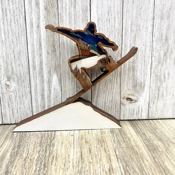 Snowboard 3D Mountain Wood Sign, 7 Layer Snowboard Wood Figurine, Snowboard Gift, Ski Lodge Decor, Snowboard Skier Shelf Decor Gift