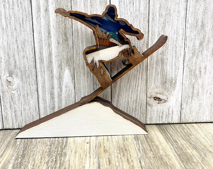Snowboard 3D Mountain Wood Sign, 7 Layer Snowboard Wood Figurine, Snowboard Gift, Ski Lodge Decor, Snowboard Skier Shelf Decor Gift