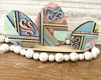 Vintage Rustikales Holz Osterei Trio | Bauernhaus Ostern Frühling Dekor | Ostertischdeko |Osterei Layered Shelf Sitter|Pastell Ostereier