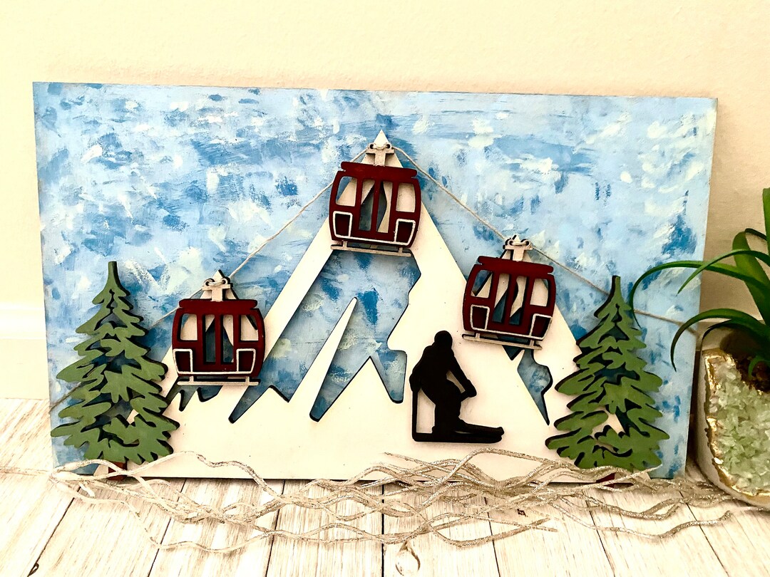 Ski Snowboard 3D Gondola Wood Sign 3D Chairlift Sign Snowboard Skier