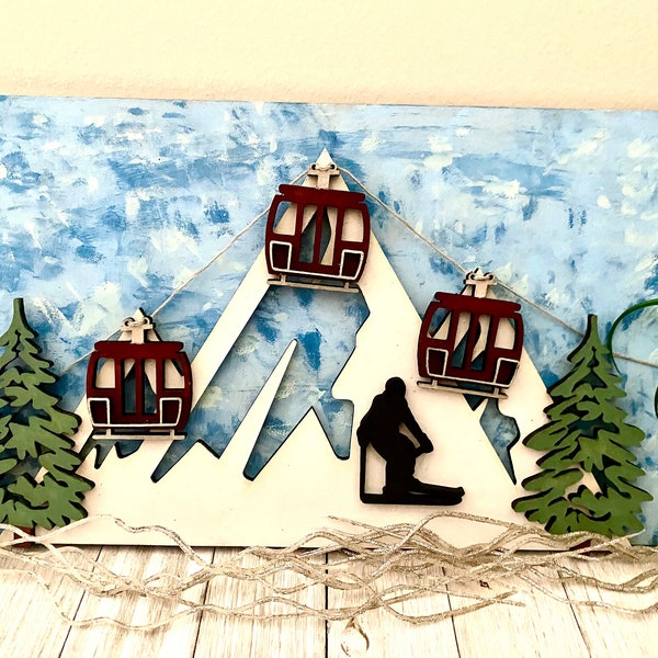 Ski/Snowboard 3D Gondola Wood Sign | 3D Chairlift Sign | Snowboard Skier Shelf Decor Gift | Ski House Decor | Ski Themed Nursery Wall Art