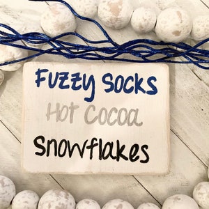 Fuzzy Socks, Hot Cocoa, Snowflakes Wood Sign | Winter Tiered Tray Decor | Farmhouse Winter Decor | Winter Mantle Decor | Snowflake Tier Tray