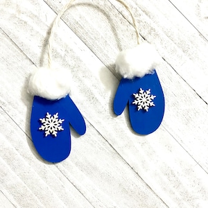 Wooden Mittens Christmas Tree Ornament | Winter Tier Tray Décor | Blue Mitten Christmas Ornament | Jute Snowflake Mittens | Xmas Tree Decor