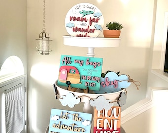 Adventure Tiered Tray, Traveling Tier Tray Decor, Camping/RV Life, Adventure Awaits Nursery Sign, Wanderlust Tray Decor, Gift for Traveler