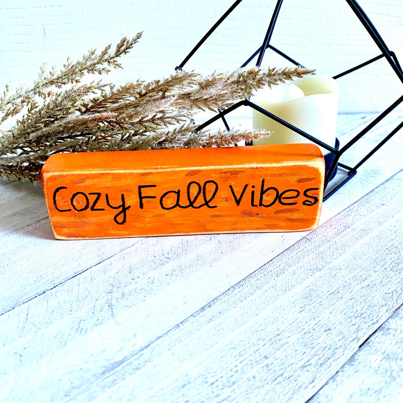 Pu&ograve; includere: Un cartello di legno arancione con il testo "Cozy Fall Vibes" scritto in vernice nera.