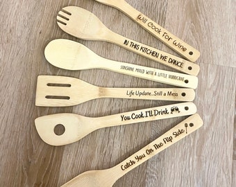 Engraved Wooden Bamboo 6 pc Utensil Set | Birthday Gift | Housewarming Gift | Funny Engraved Wooden Spoons | Personalized Wooden Spoons