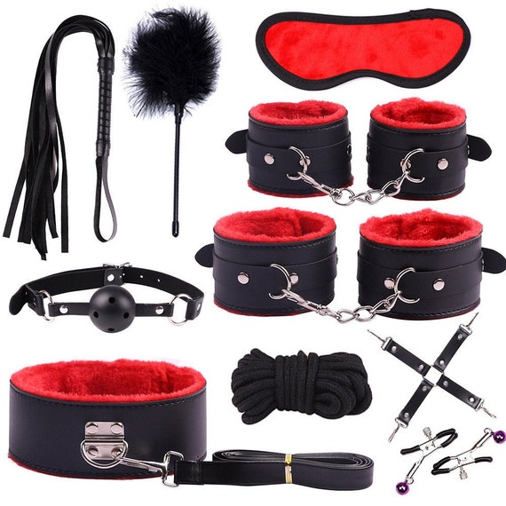 BDSM Sex Toys, Seductive Toys, Bondage Restraints Kit, 10 Piece-set,  Black/red 