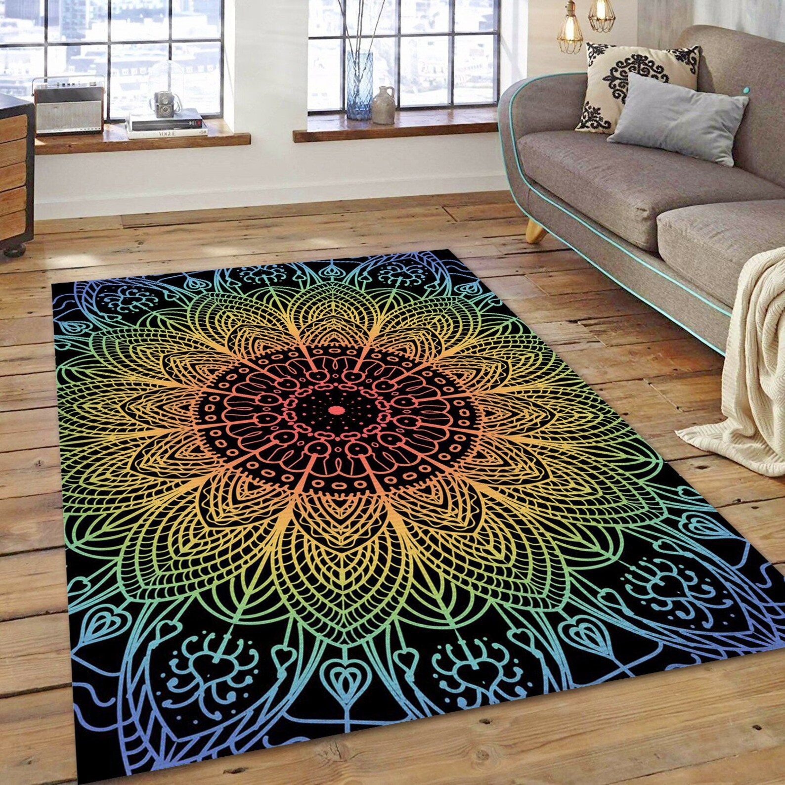 Rainbow Mandala Boho Rug Boho Rug Mandala Area Rug Boho Etsy