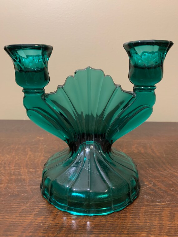Glass Company Swirl GREEN Double Branch Candle Etsy