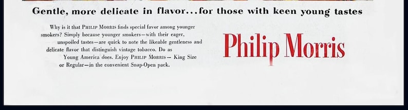 May include: Vintage advertisement for Philip Morris cigarettes. The ad features text in black and red on a white background, with the brand name prominently displayed. The text promotes the product's flavor and appeals to younger smokers.