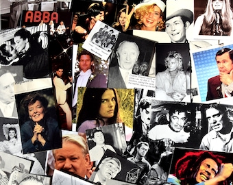 May include: A collage of vintage photographs featuring various celebrities, musicians, and actors. The collage includes images of Patti Page, ABBA, Bob Marley, Charlie Chaplin, and more. The images are arranged in a random pattern and are printed on a white background.