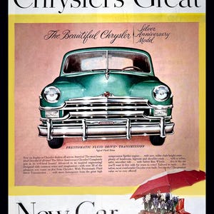 Original 1949 Chrysler Silver Anniversary Car Ad, THE BEAUTIFUL CHRYSLER for Home Bar Decor or Garage, Man Cave