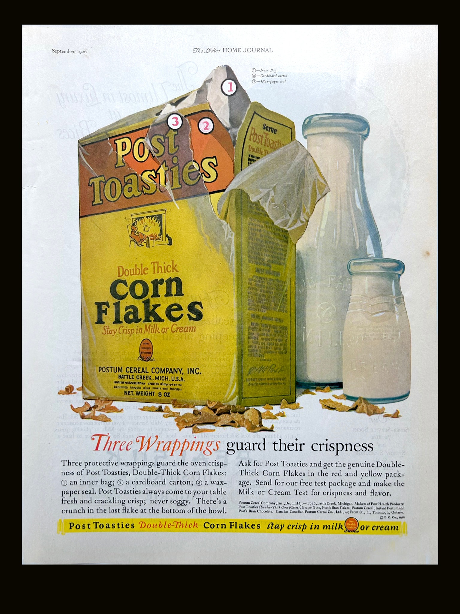 Vintage Corn Flakes Cereal Box Ad from 1920s for Home Kitchen Wall Decor