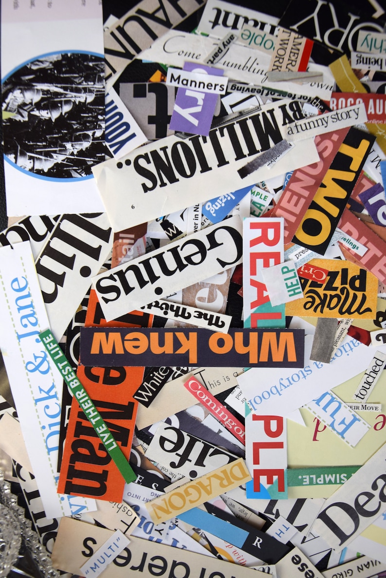 May include: A collage of colorful magazine clippings with words like "genius", "who knew", "millions", "real", "simple", and "make" in black and white, red, orange, yellow, and green.