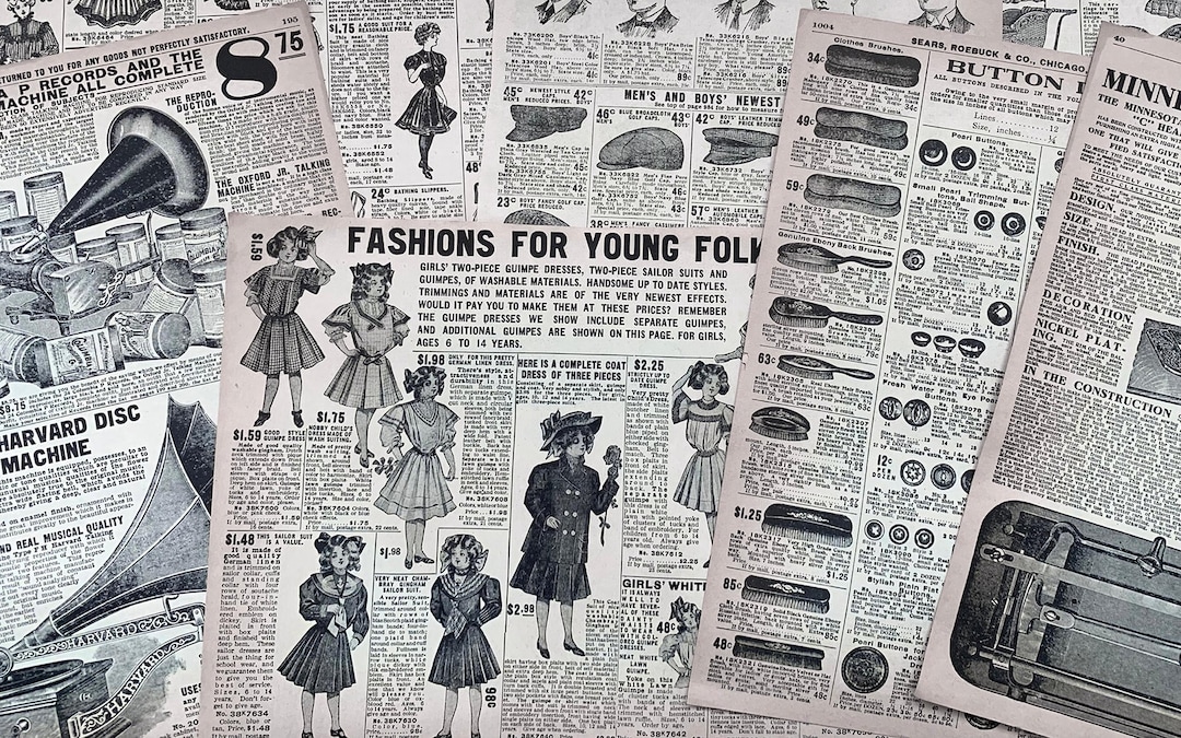 Sears Catalog 1908, Antique Set of 10 Pages for Collage, Vintage