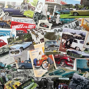 Auto Vintage Junk Journal Ephemera Pack z reklamami samochodów retro i klasycznymi i nowoczesnymi zdjęciami samochodów, wycinanki