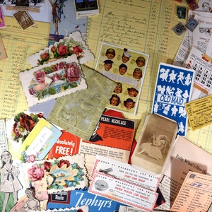 Pacote de itens vintage: colagem, arte alterada, pacote de papel para mídia mista, diários de sucata, cartão postal de viagem, receita, livro-razão, cartas de jogo - 50 peças