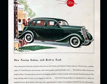 Anuncio de revista vintage del sedán Ford Tudor de 1935: ilustración impresa de automobilia coleccionable