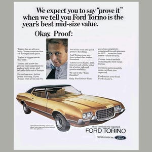 1972 Ford Torino Vintage Automobilia Magazine Ad, Classic Retro Car Memorabilia
