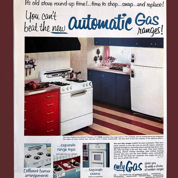 1950's Gas Kitchens Vintage Ad, Vintage Magazine Ads, Electric Range, Retro Kitchen Appliance, Vintage Kitchen Ephemera