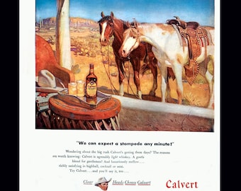 1947 Calvert Whiskey Vintage Magazine Ad, Alcohol Advertising, Home Bar Decorations,