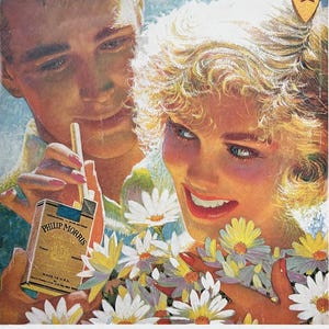 May include: Vintage advertisement featuring a man and woman, with the woman holding a bouquet of daisies. The man is holding a pack of Philip Morris cigarettes. The pack is gold and blue, with text that reads "Finest" and "Made in U.S.A."