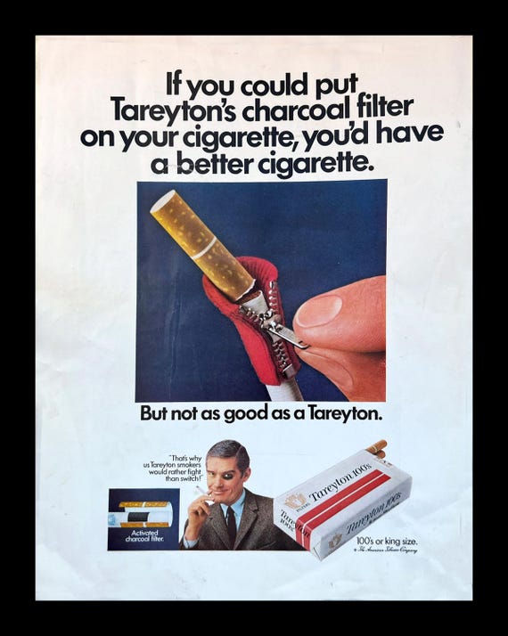 tarrytown cigarettes Cigarette Ad, Vintage 1968 Tareyton , Classic Tobacco Magazine Poster for  Man Cave or Garage Decor
