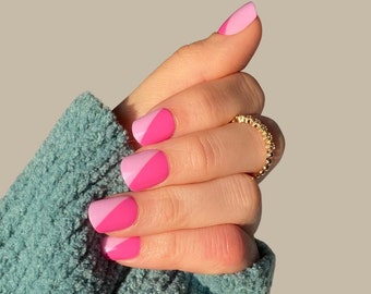 Short, Square Pink Lavender Press On Nails, Colorblock Nail Art, Abstract, Glue On Nails