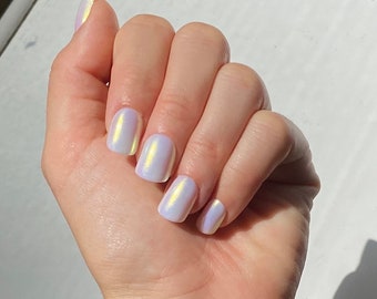 Trending Hailey Bieber Donut Nails, Pearlescent, White Glazed Chrome Almond Press On Nails | | Reusable Nails | Winter Wedding Nails