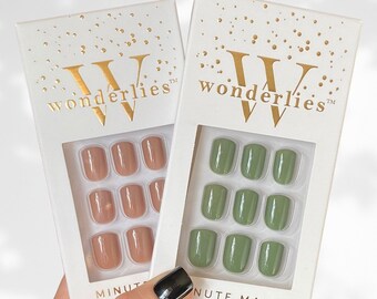 Two Pack Short, Square Green Nude Press On Nails | Mixed Mani | Stick On Nails | Glue On Nails | False Nails | Autumn Nails