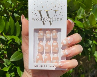 White Clouds, Reusable Almond Press On Nails | Spring Nails | Glue On Nails | Medium Length Ballerina Stick On Nails | False Nails