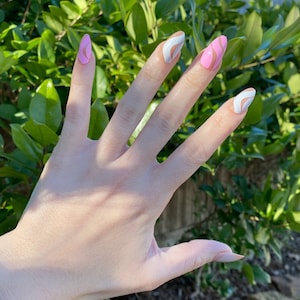 Pink Swirl Almond Press On Nails: Abstract Reusable False Nails