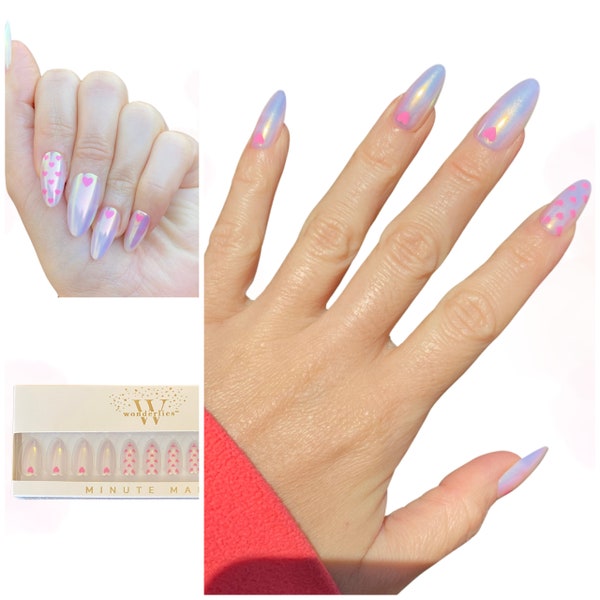 Glazed Donut, Shimmery, Gold Pearlescent,  Hailey Bieber, Almond Press On Nails | Glitter Wedding Nails | Reusable, Cat Tiger Eye Nails