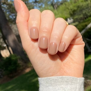 May include: A hand with short, rounded fingernails painted in a glossy, solid light taupe or beige nail polish. The nails have a smooth, reflective finish and are neatly groomed. The hand is positioned against a blurred outdoor background.