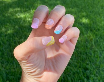 Multi-Color Short, Square Press On Nails | Nail Art Mani | Acrylic like, Reusable Nails | Swirl Nails | Colored French Manicure