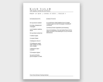 1 Recipe Template | Editable Recipe Book | 0010 | Modern Minimal | Printable Recipe Binder | Family Cookbook Template | Printable Cookbook