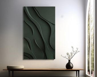 May include: A dark green abstract wall art print with a layered, wavy design. The print is hanging on a white wall above a wooden bench.