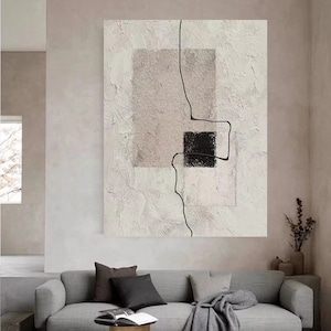 Large Beige Textured PaintingWall Art Black Block Abstract Painting, Brown Modern Painting Line Minimalist Wall Decor, Interior decoration
