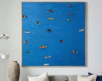 Large Square Blue Ocean Painting, Textured Kayaking Wall Art, Vibrant Coastal Impasto Artwork, Modern Beach House Decor