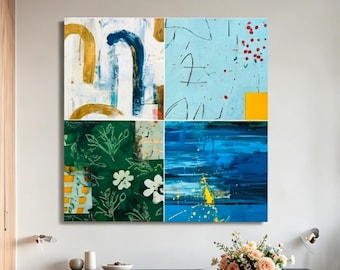 Modern Abstract Quadriptych Wall Art, 4 Panel Collage Geometric Floral Painting, Teal Blue Green Neutral Canvas Art, Minimalist Dining Room