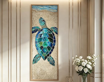 Tall Narrow Sea Turtle Wall Art, Mosaic Stained Glass Vertical Print, Coastal Boho Beach House Decor
