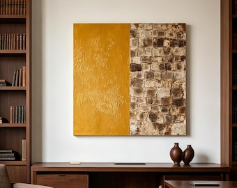 Square Gold Leaf Abstract Wall Art, Neutral Brown Beige Textured Painting, Elegant Decor for Living Room Entryway & Dining Room