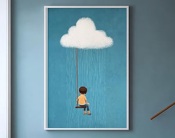 Hand-Painted Boy on Cloud Wall Art, Minimalist Nursery Decor, Blue Rainy Day Canvas