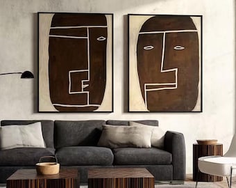 Set of 2 Abstract Face Wall Art, Minimalist Brown Modern Canvas Painting, Neutral Living Room Decor, Contemporary Line Art Set