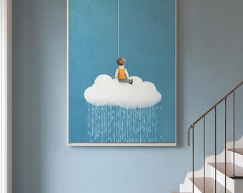 Whimsical Boy on Cloud Wall Art, Hand-Painted Kids Room Painting, Blue Rainy Day Canvas Artwork, Minimalist Nursery Decor