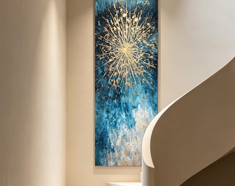 Luxury Blue & Gold Firework Textured Painting, Vertical Starburst Abstract Wall Art, Modern Minimalist Hallway Entryway Home Decor