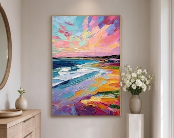 Vertical Ocean Canvas Wall Art, Colorful Sunset Seascape Painting, Heavy Texture Impasto Beach Painting, Modern Entryway Wall Decor