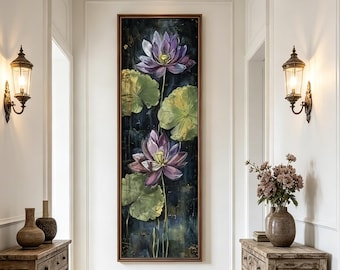 Vintage Lotus Framed Wall Art, Thick Textured Floral Oil Painting, Vertical Narrow Long Wall Decor, Dark Moody Entryway Art