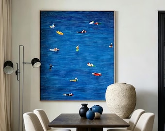 Calming Blue Water Kayaking Art, Serene Coastal Wall Decor, Summer Vibe Textured Painting, Relaxing Ocean Day Artwork