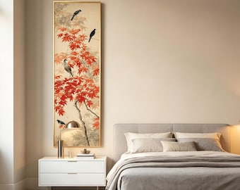 New Chinese Style Red Maple Bird Wall Art, Vertical Wabi Sabi Floral Painting, Neutral Warm Home Decor